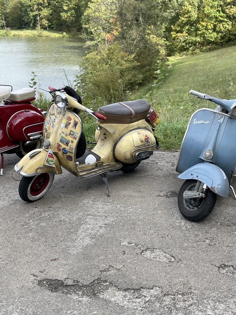 Alte Vespa-Modelle vor einem See aufgereiht in verschiedenen Farben.